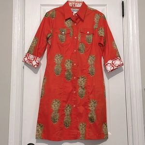 Orange pineapple print button-down dress